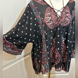 Fever Boho Top Wide Width Sleeves Colorful Simple Pattern V-Neck Ties Size XL
